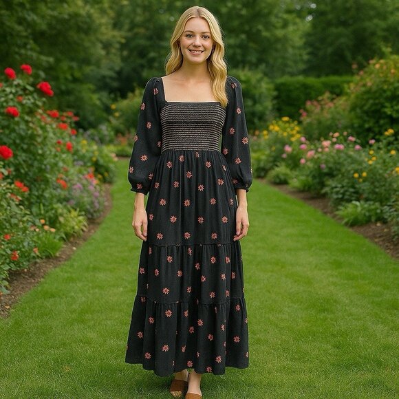 Free People Dresses & Skirts - Free People‎ Dahlia Embroidered Maxi Dress Puff Sleeve Cottagecore Milk Maid M